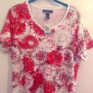 Karen Scott Henley T-shirt Red Brown White 0X NWT
